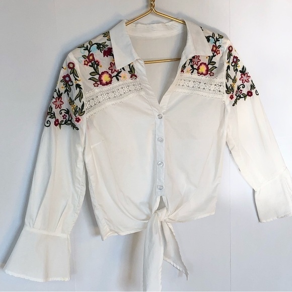 White front tie cropped shirt with multi colored floral embroidery flared sleeve - Picture 3 of 7